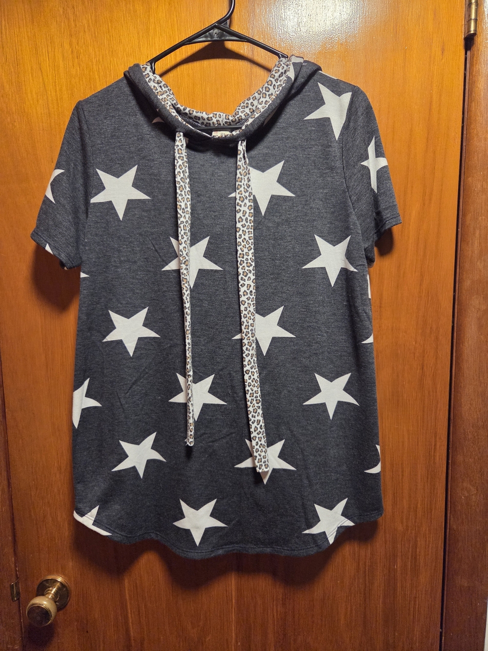 Star Print Short Sleeve Hoodie Top - Gray